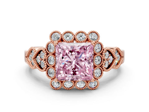 Rose gold Fancy Pink Princess Cut Brilliant Milgrain Pave Heart Band Solitaire Ring