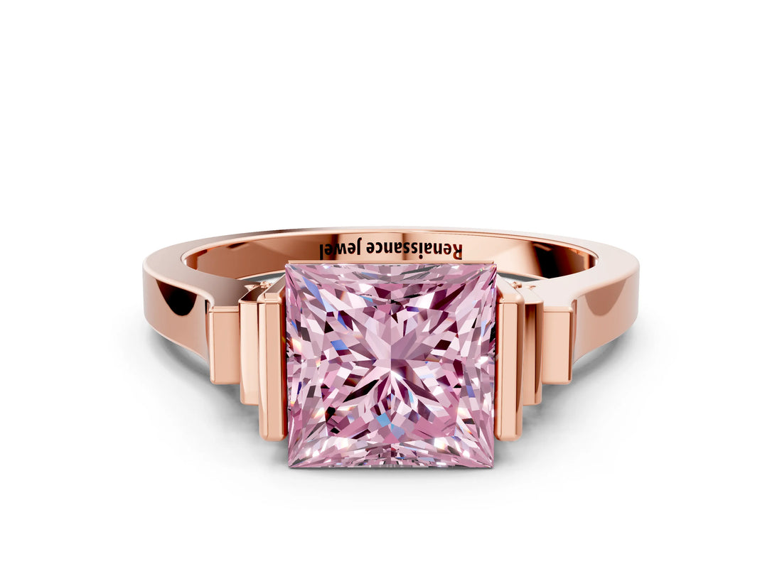 Rose gold Fancy Pink Princess Cut Brilliant Solitaire Diamond Ring with Channel Set Band and Bar Prong Setting