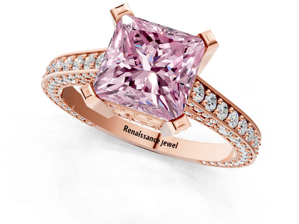 Rose gold Fancy Pink Princess Cut Brilliant Split Shank Pave Solitaire Ring with Four-Prong Setting