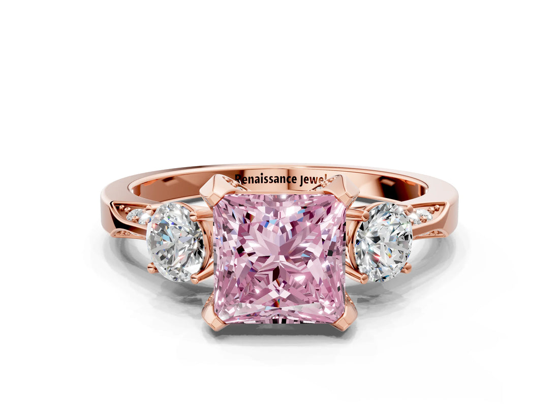 Rose gold Fancy Pink Princess Cut Brilliant Three-Stone Diamond Ring with Pavé Band and Four-Prong Setting_3