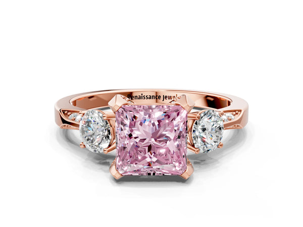 Rose gold Fancy Pink Princess Cut Brilliant Three-Stone Diamond Ring with Pavé Band and Four-Prong Setting