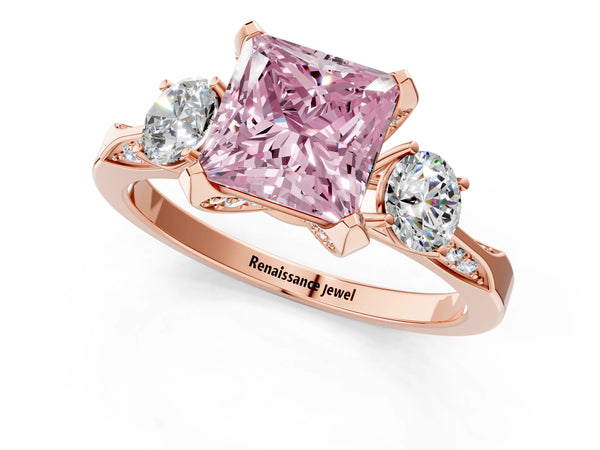 Rose gold Fancy Pink Princess Cut Brilliant Three-Stone Diamond Ring with Pavé Band and Four-Prong Setting