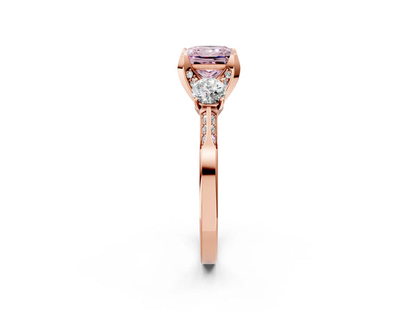 Rose gold Fancy Pink Princess Cut Brilliant Three-Stone Diamond Ring with Pavé Band and Four-Prong Setting