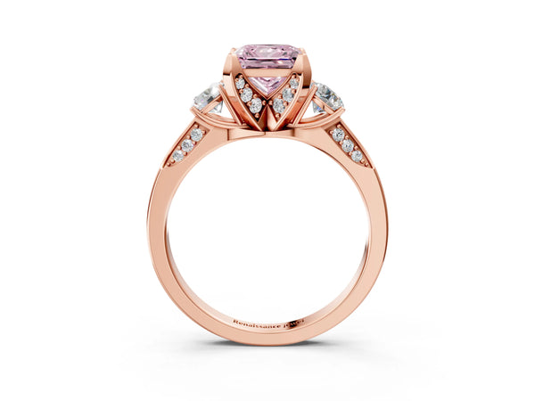 Rose gold Fancy Pink Princess Cut Brilliant Three-Stone Diamond Ring with Pavé Band and Four-Prong Setting