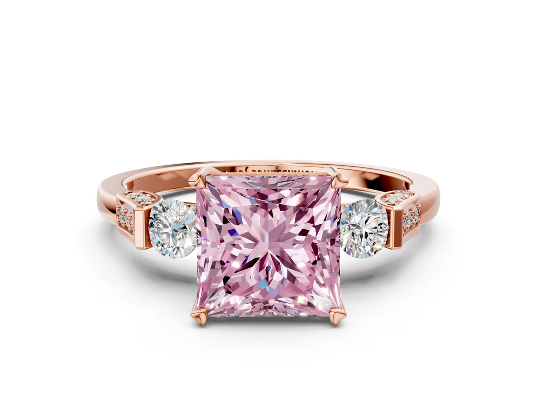 Rose gold Fancy Pink Princess Cut Brilliant Three-Stone Pave Band with Four-Prong Setting