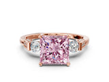 Rose gold Fancy Pink Princess Cut Brilliant Three-Stone Pave Band with Four-Prong Setting