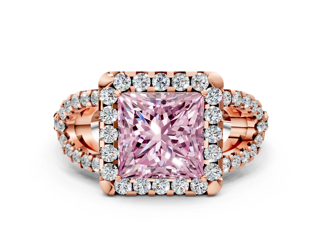 Rose gold Fancy Pink Princess Cut Cut Diamond Halo Engagement Ring with Open Split Pavé Band