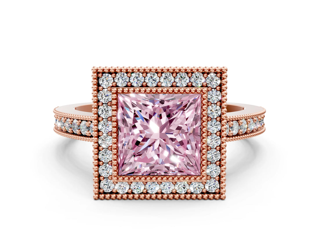 Rose gold Fancy Pink Princess Cut-Cut Diamond Halo Engagement Ring with Pave Band and Prong Setting