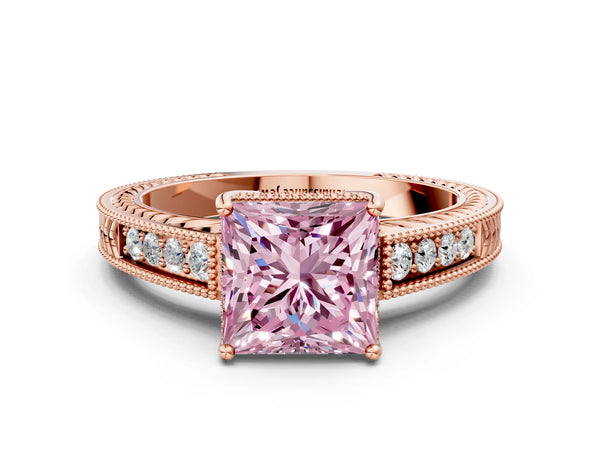 Rose gold Fancy Pink Princess Cut Cut Diamond Milgrain Pave Band Four-Prong Setting Ring