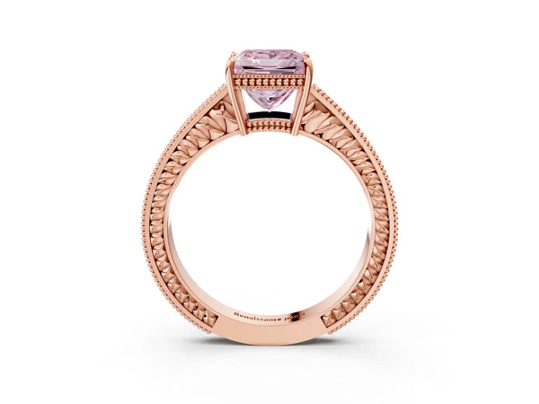 Rose gold Fancy Pink Princess Cut Cut Diamond Milgrain Pave Band Four-Prong Setting Ring