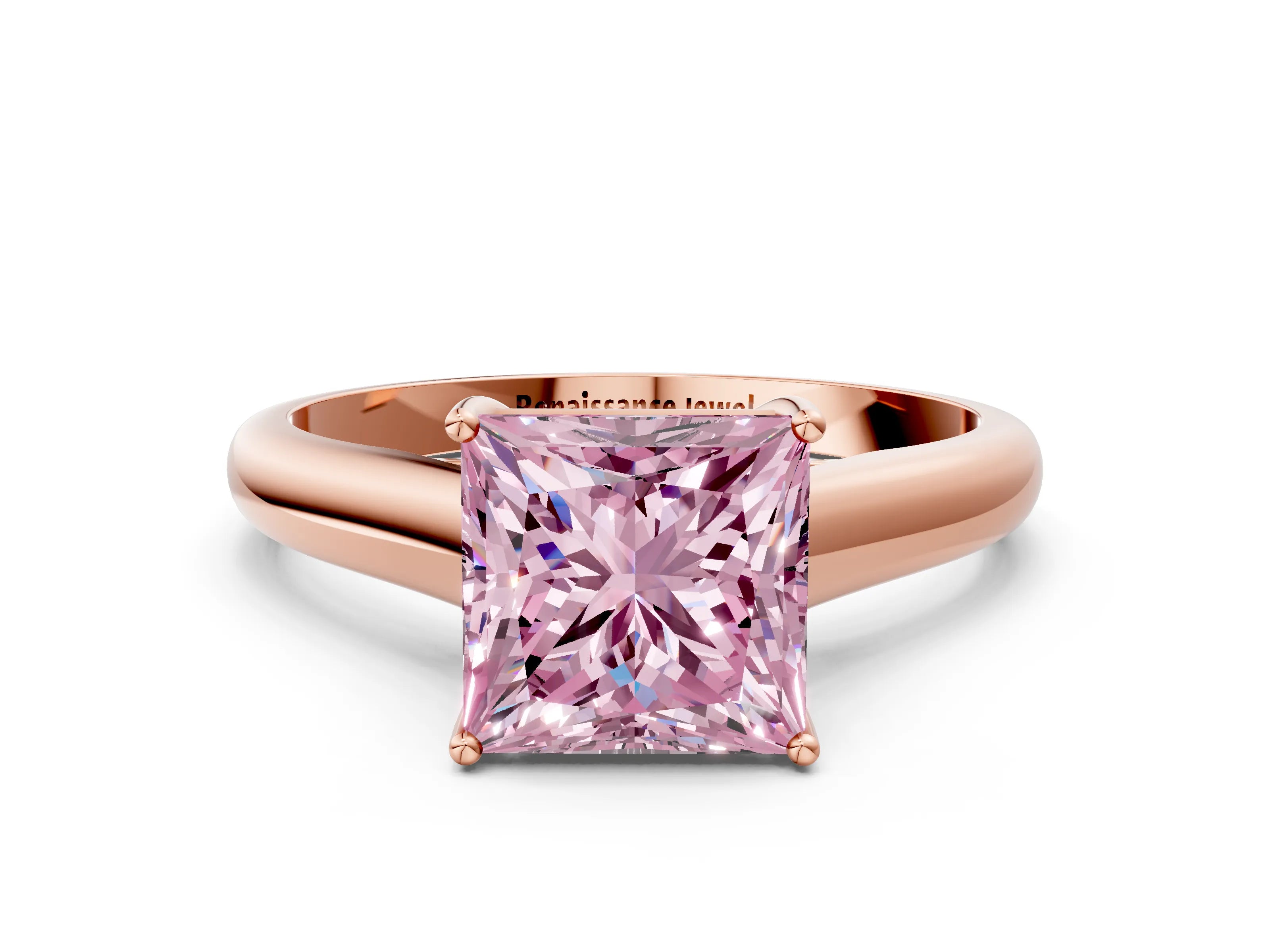 Rose gold Fancy Pink Princess Cut Cut Diamond Solitaire Engagement Ring with Tapered Plain Band and Four-Prong Setting
