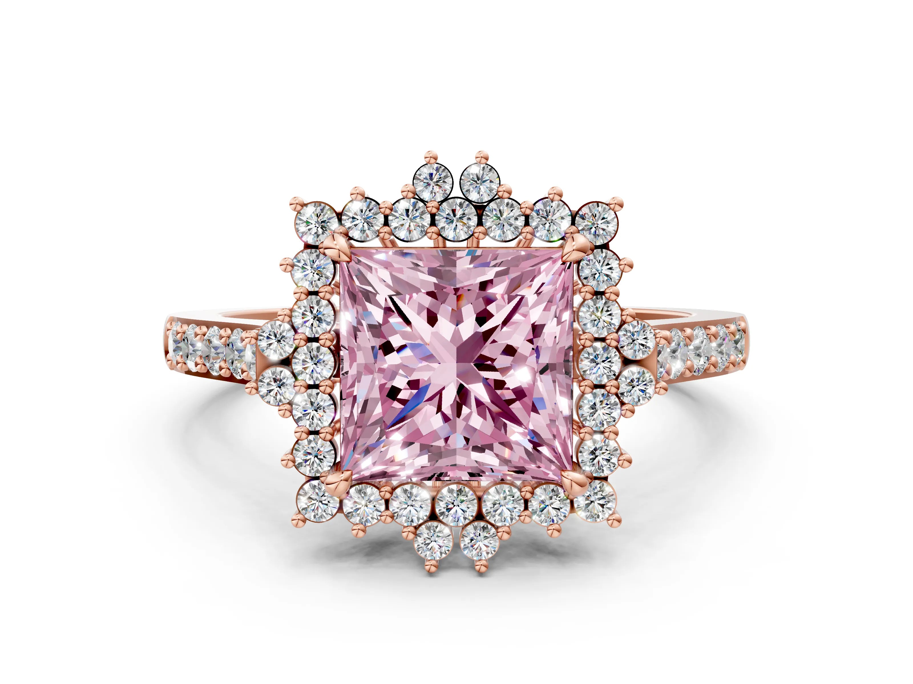 Rose gold Fancy Pink Princess Cut Cut Diamond Sunburst Halo Engagement Ring with Pavé Band