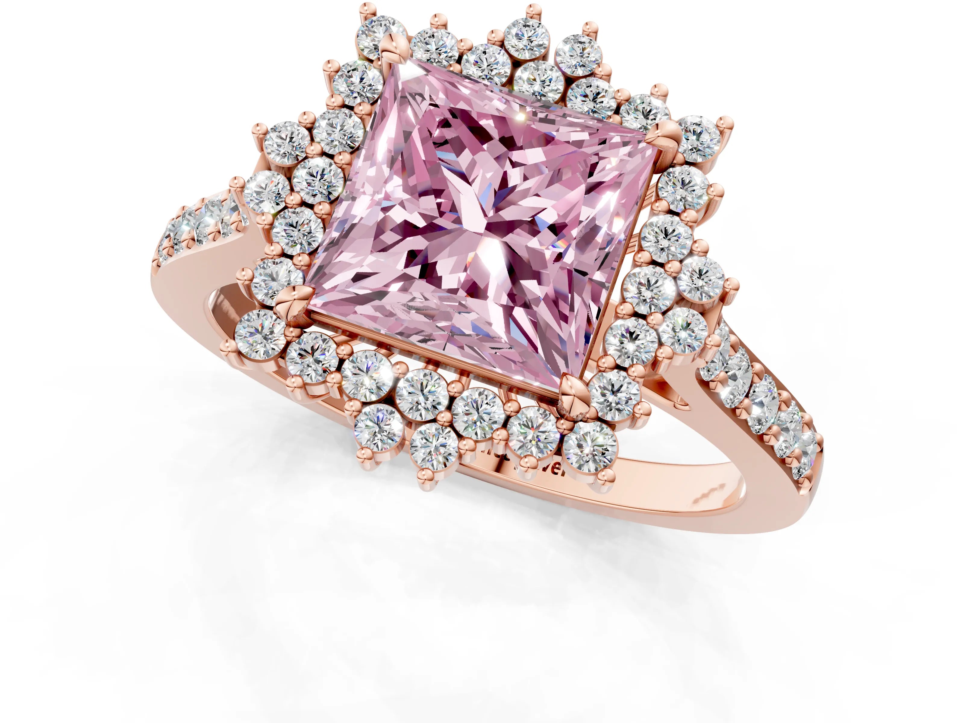 Rose gold Fancy Pink Princess Cut Cut Diamond Sunburst Halo Engagement Ring with Pavé Band_1