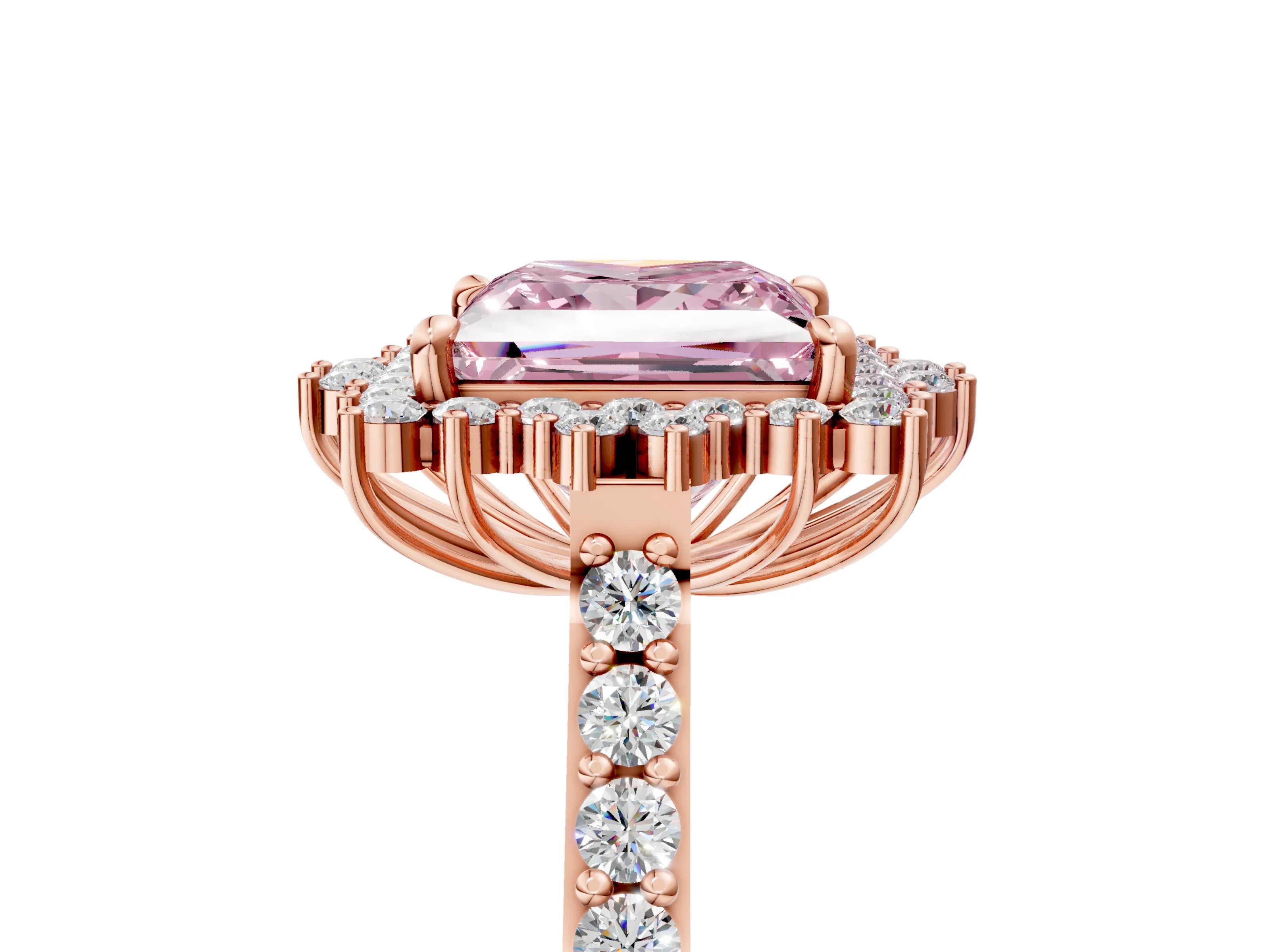 Rose gold Fancy Pink Princess Cut Cut Diamond Sunburst Halo Engagement Ring with Pavé Band_5