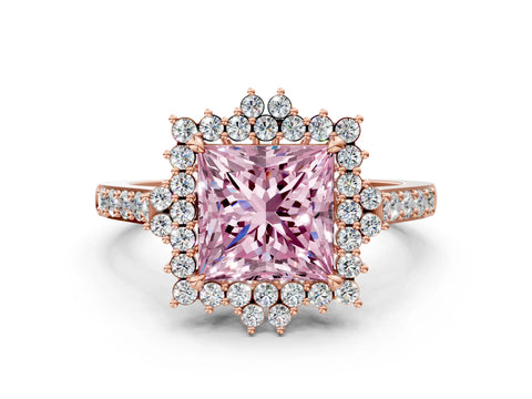 Rose gold Fancy Pink Princess Cut Cut Diamond Sunburst Halo Engagement Ring with Pavé Band
