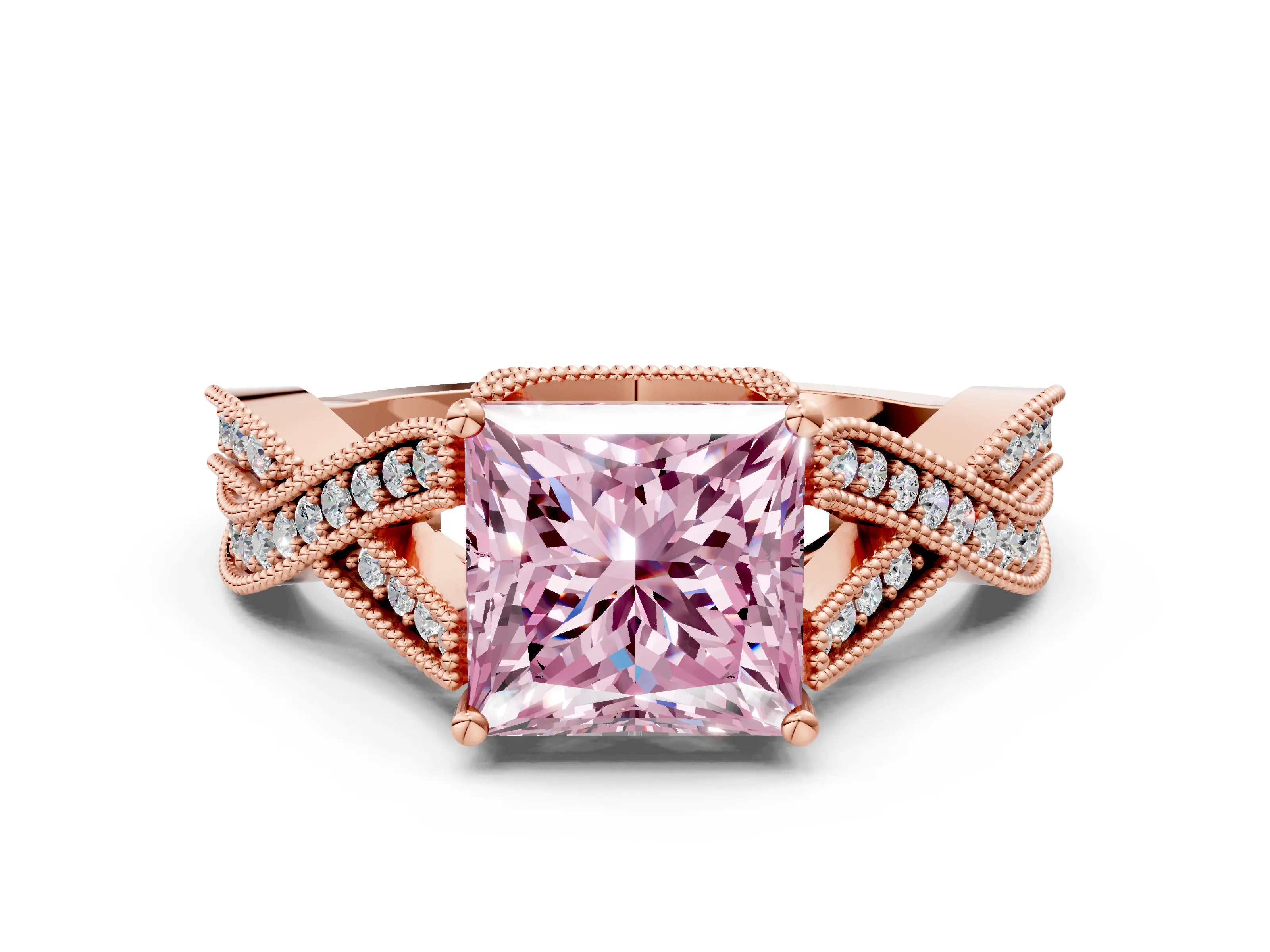 Rose gold Fancy Pink Princess Cut Cut Diamond Twisted Band with Milgrain Pave Setting and Four-Prong Setting