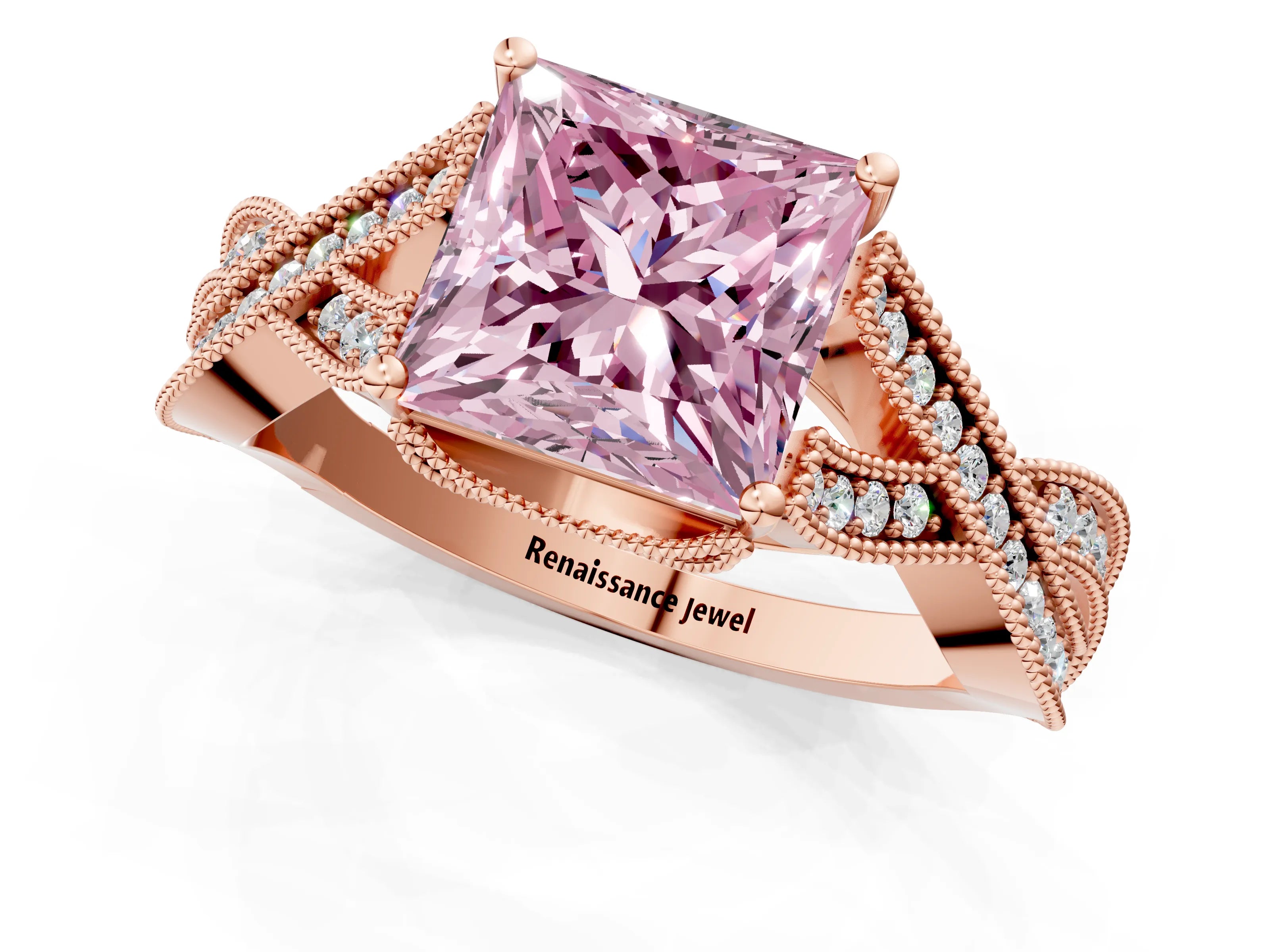 Rose gold Fancy Pink Princess Cut Cut Diamond Twisted Band with Milgrain Pave Setting and Four-Prong Setting_1