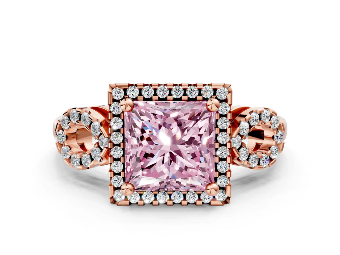 Rose gold Fancy Pink Princess Cut Cut Halo Diamond Infinity Band with Four-Prong Setting