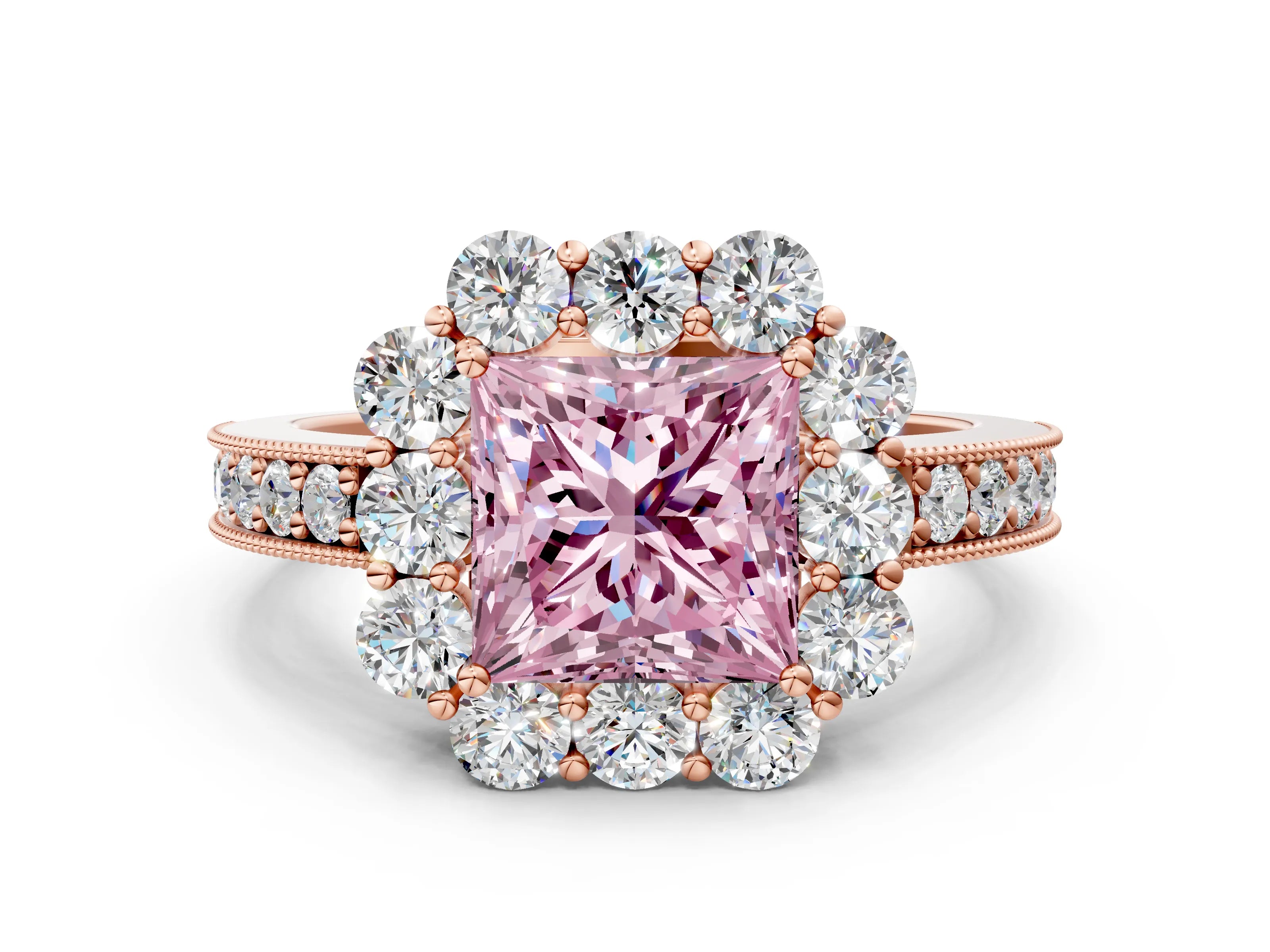 Rose gold Fancy Pink Princess Cut Cut Halo Diamond Pavé Engagement Ring with Milgrain Detailing