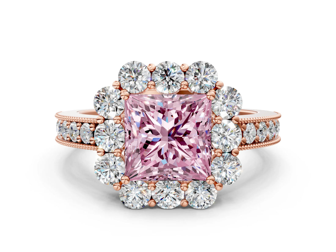 Rose gold Fancy Pink Princess Cut Cut Halo Diamond Pavé Engagement Ring with Milgrain Detailing