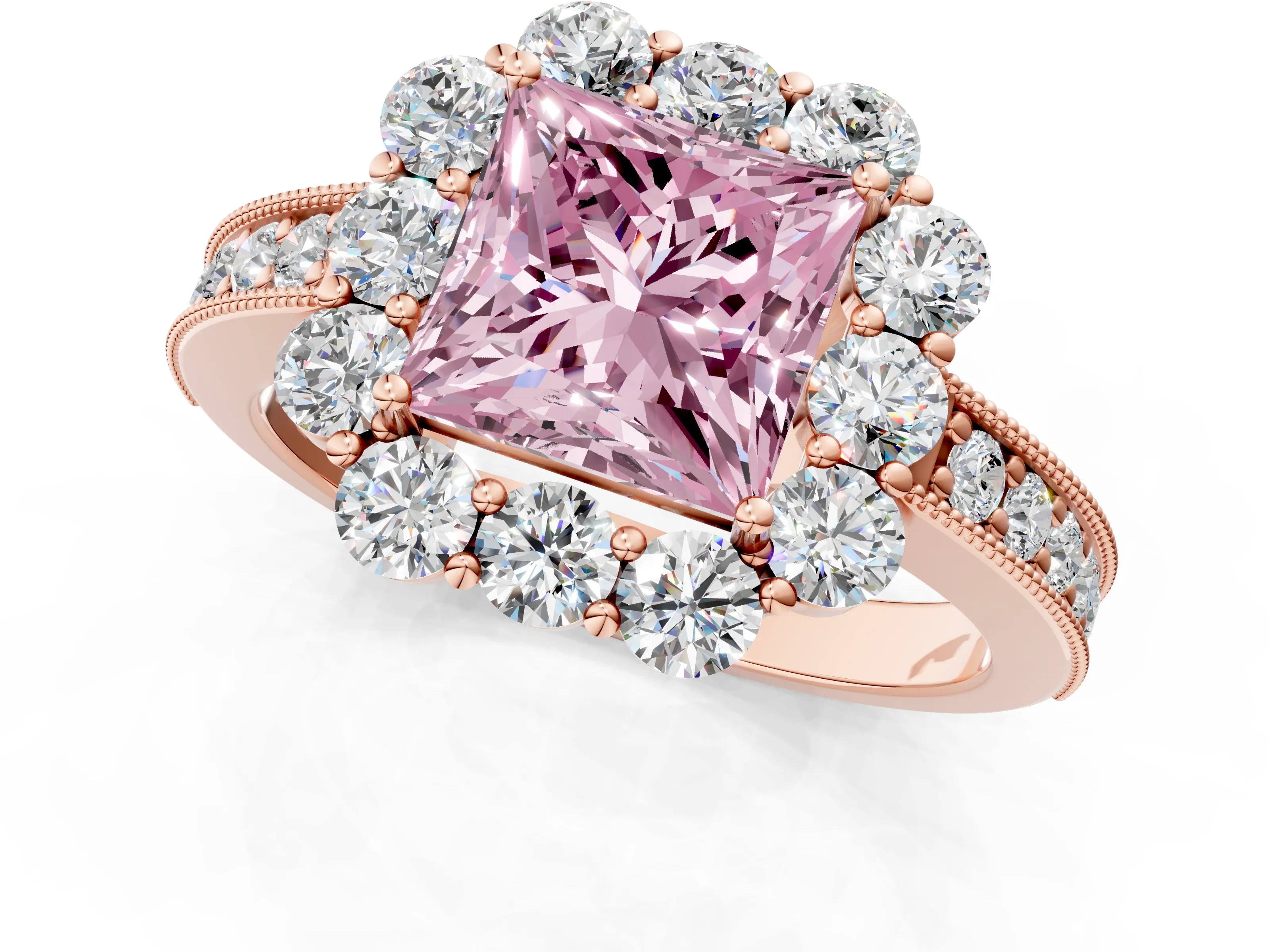 Rose gold Fancy Pink Princess Cut Cut Halo Diamond Pavé Engagement Ring with Milgrain Detailing_1