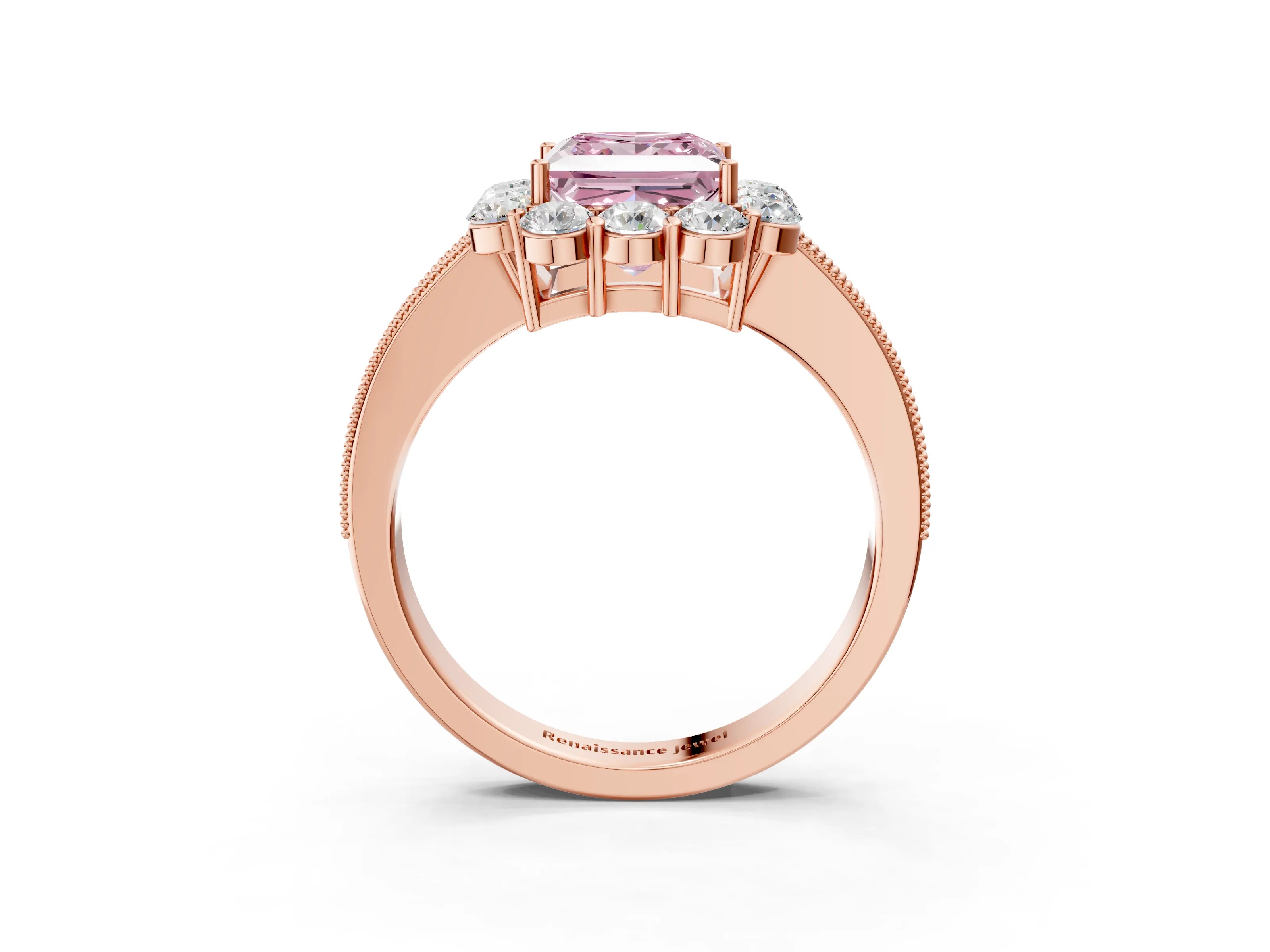 Rose gold Fancy Pink Princess Cut Cut Halo Diamond Pavé Engagement Ring with Milgrain Detailing_3