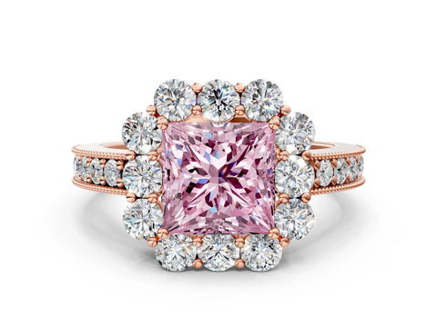 Rose gold Fancy Pink Princess Cut Cut Halo Diamond Pavé Engagement Ring with Milgrain Detailing