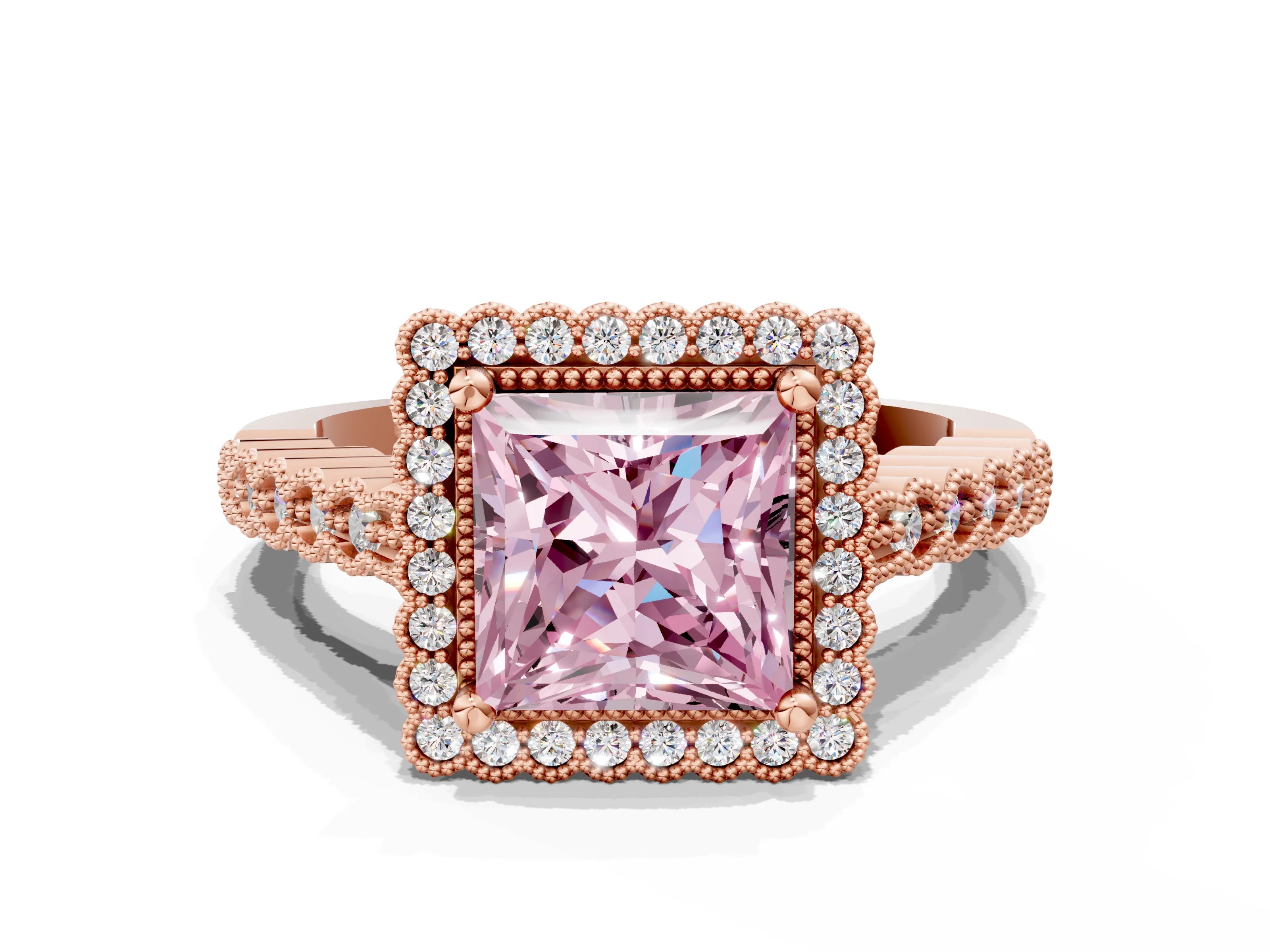 Rose gold Fancy Pink Princess Cut Cut Halo Pavé Solitaire Ring with Milgrain Band