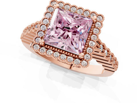 Rose gold Fancy Pink Princess Cut Cut Halo Pavé Solitaire Ring with Milgrain Band_1