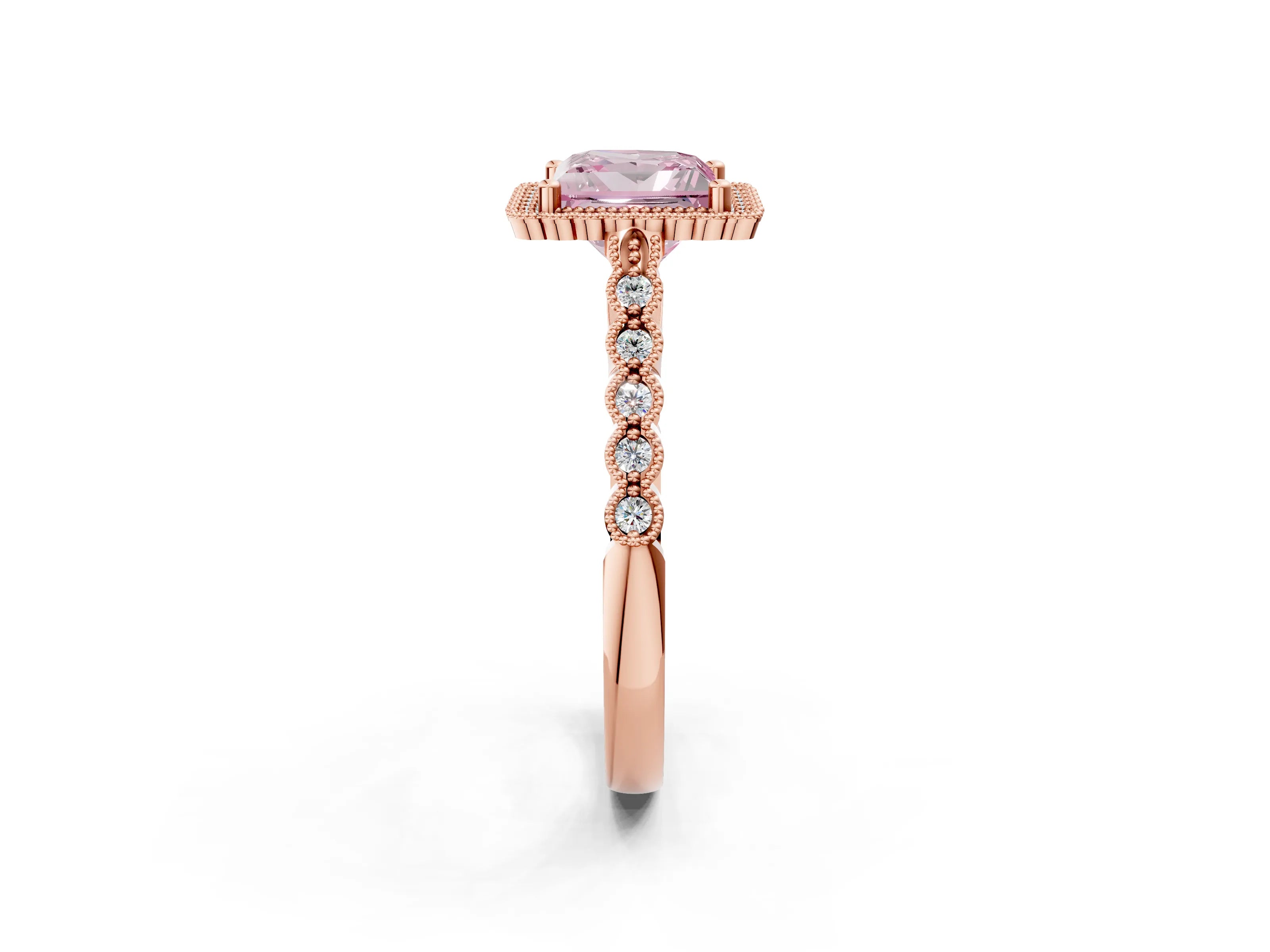 Rose gold Fancy Pink Princess Cut Cut Halo Pavé Solitaire Ring with Milgrain Band_2