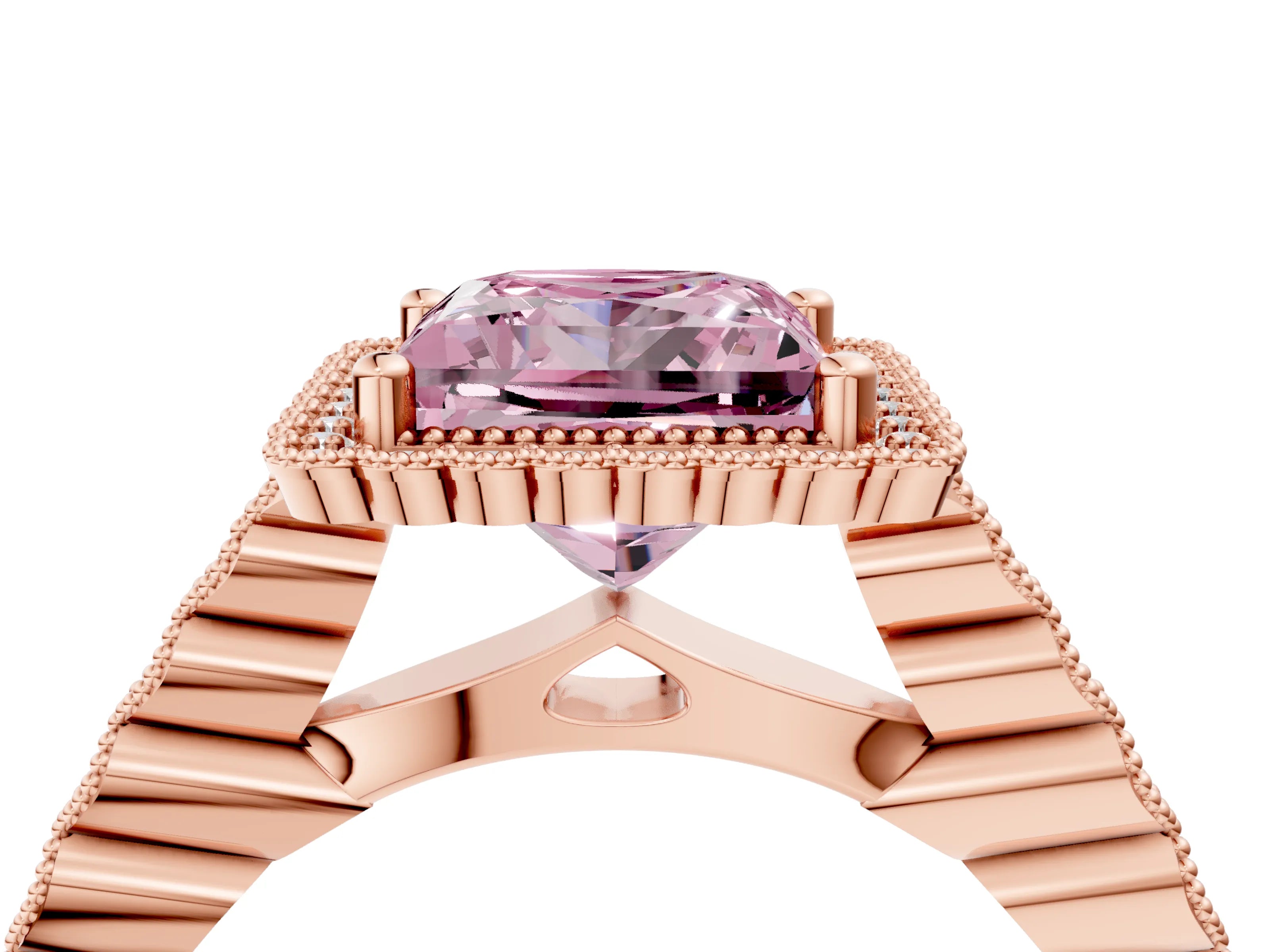 Rose gold Fancy Pink Princess Cut Cut Halo Pavé Solitaire Ring with Milgrain Band_4