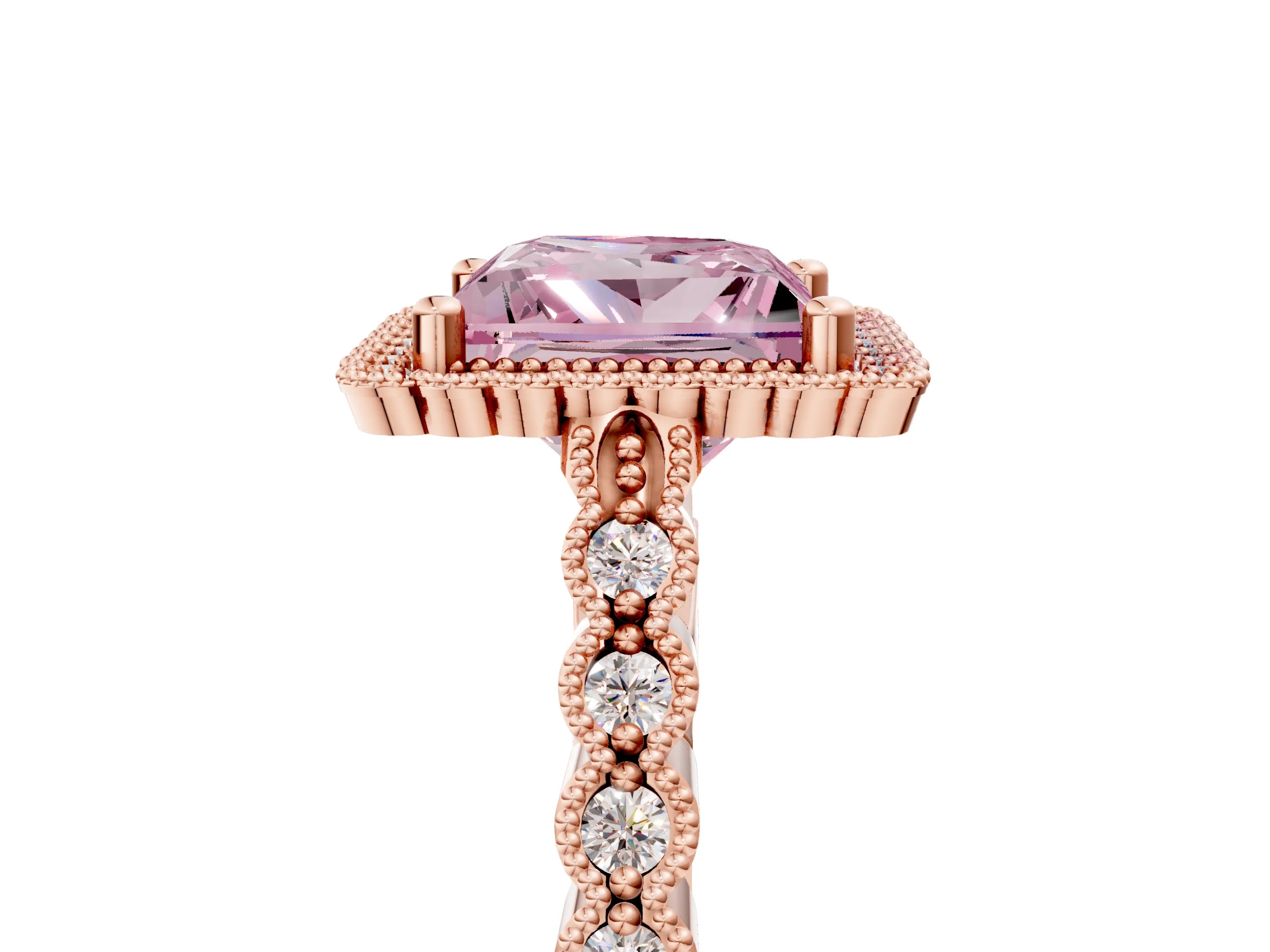 Rose gold Fancy Pink Princess Cut Cut Halo Pavé Solitaire Ring with Milgrain Band_5