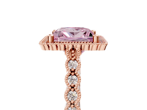 Rose gold Fancy Pink Princess Cut Cut Halo Pavé Solitaire Ring with Milgrain Band_5