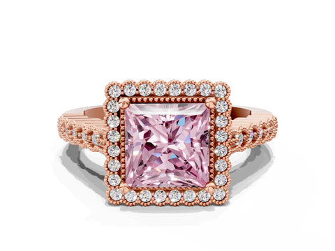Rose gold Fancy Pink Princess Cut Cut Halo Pavé Solitaire Ring with Milgrain Band