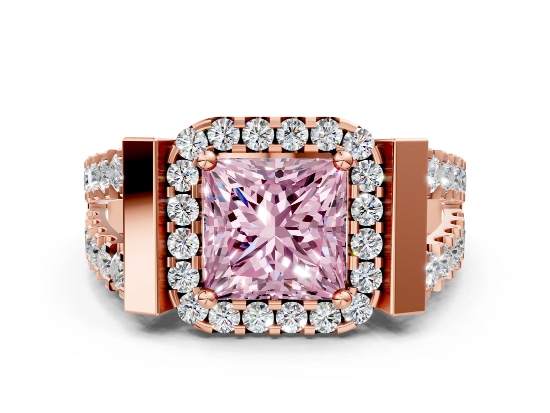 Rose gold Fancy Pink Princess Cut Cut Halo Split Shank Prong Set Ring