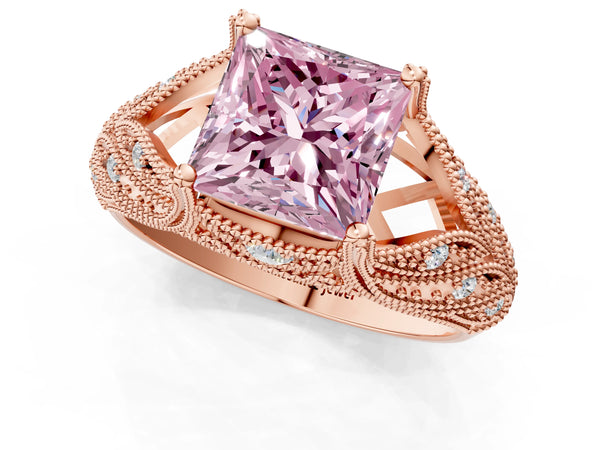 Rose gold Fancy Pink Princess Cut Cut Milgrain Pave Diamond Engagement Ring with Four-Prong Setting