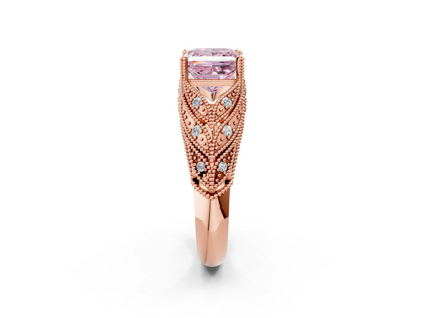 Rose gold Fancy Pink Princess Cut Cut Milgrain Pave Diamond Engagement Ring with Four-Prong Setting