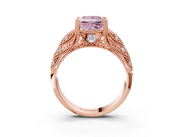 Rose gold Fancy Pink Princess Cut Cut Milgrain Pave Diamond Engagement Ring with Four-Prong Setting