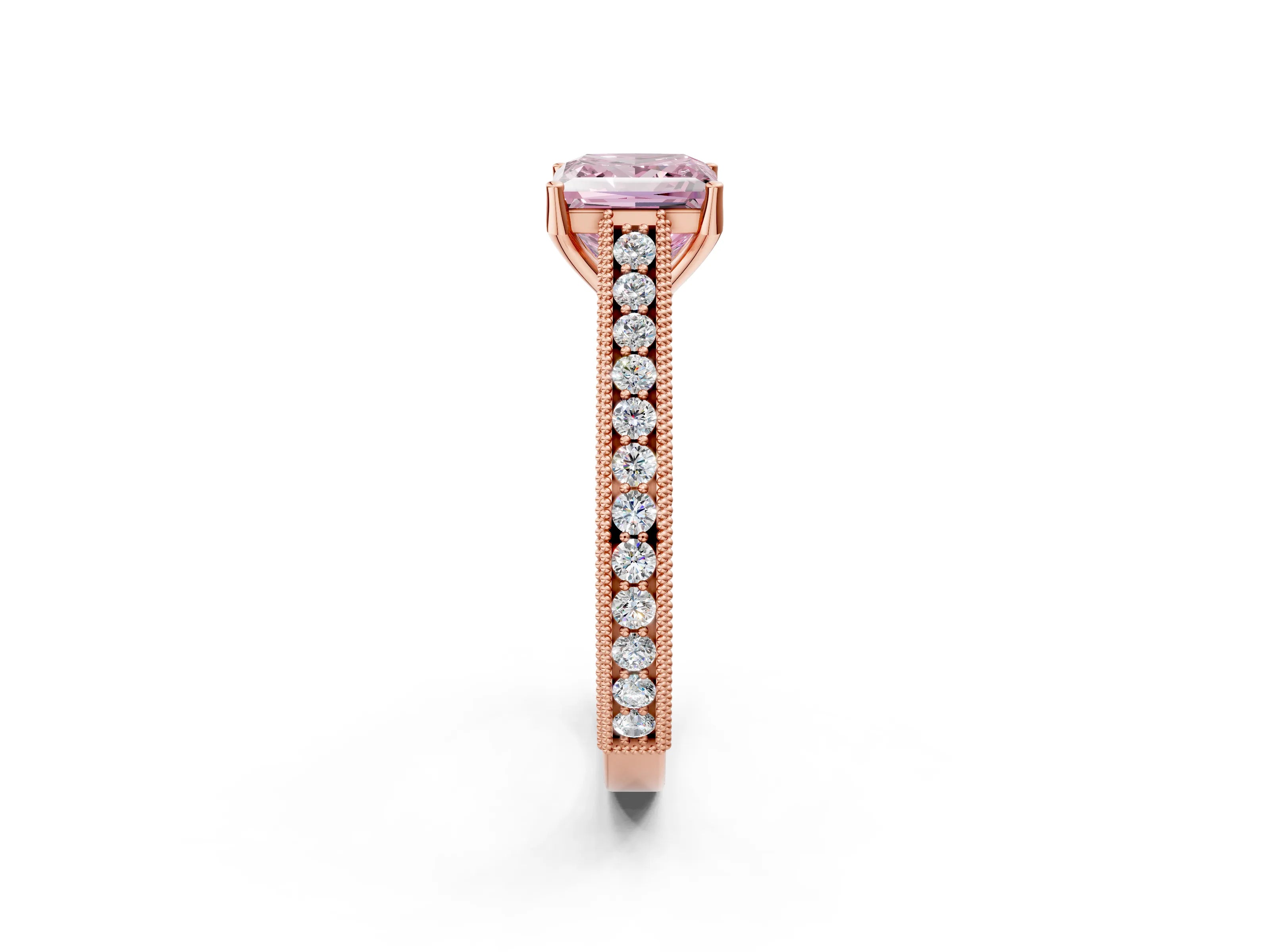 Rose gold Fancy Pink Princess Cut Cut Pave Band Milgrain Solitaire Ring_2