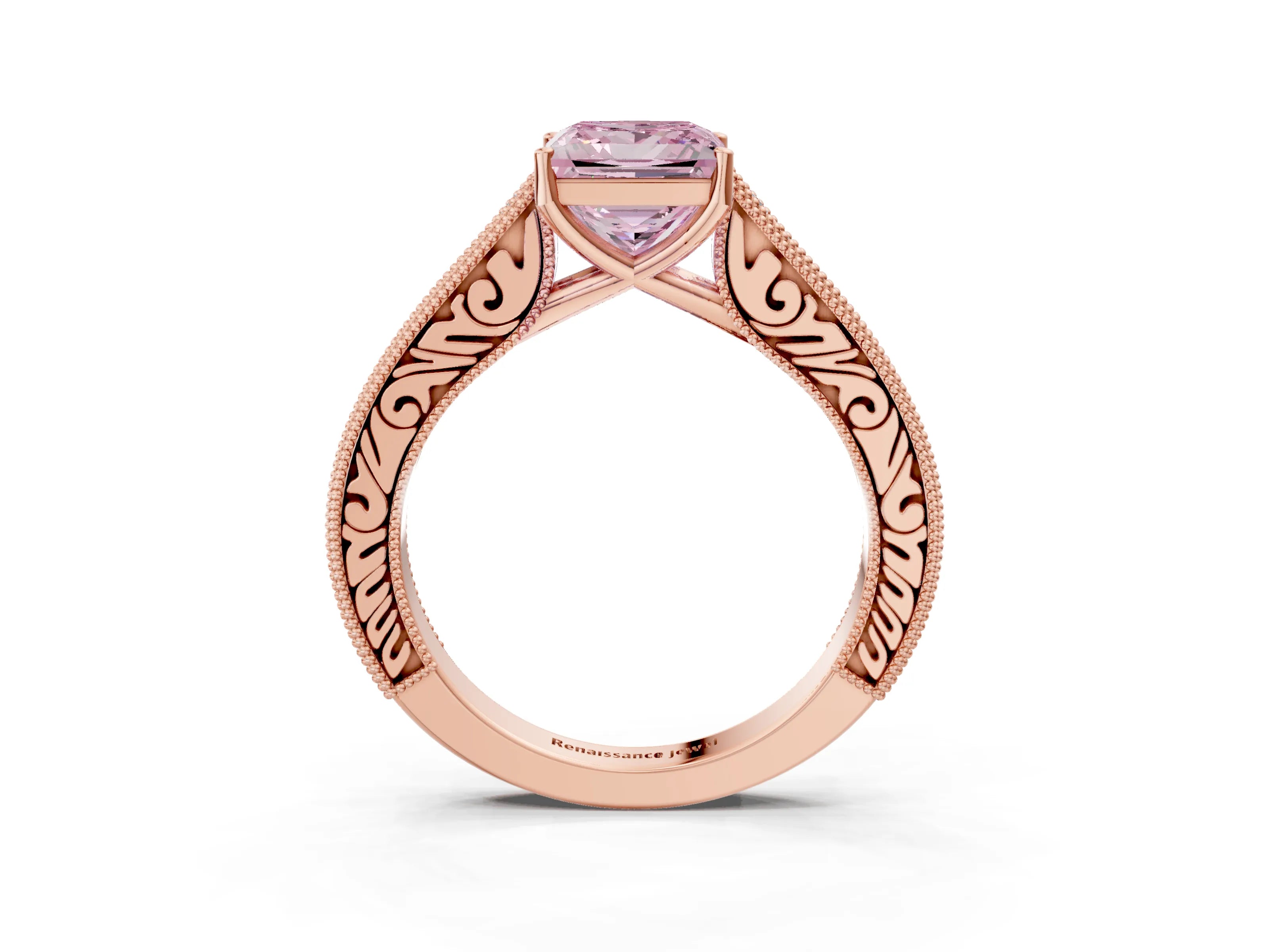 Rose gold Fancy Pink Princess Cut Cut Pave Band Milgrain Solitaire Ring_3