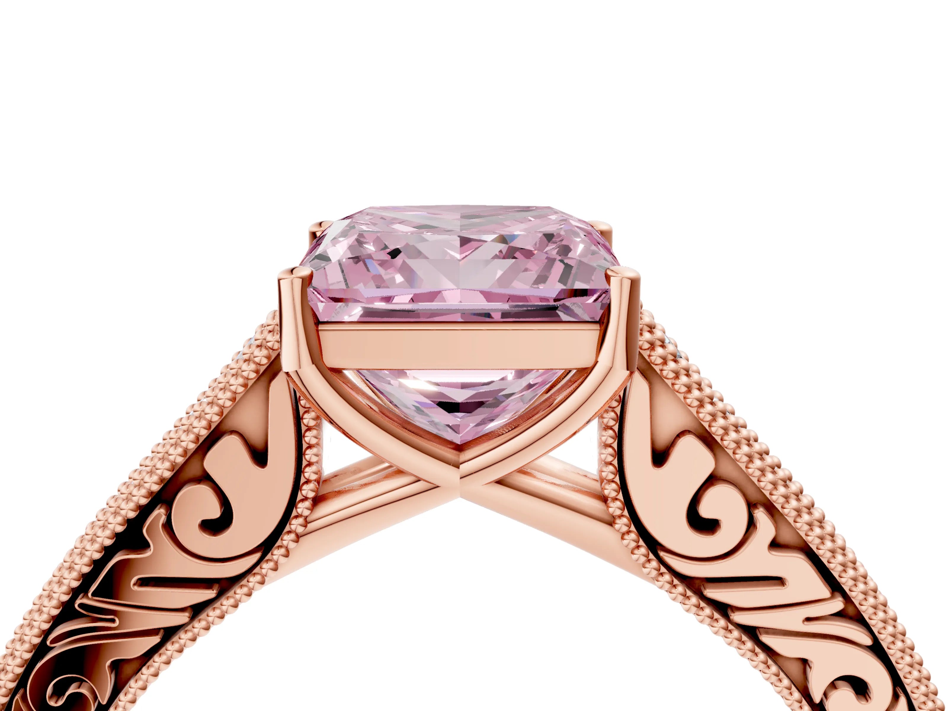 Rose gold Fancy Pink Princess Cut Cut Pave Band Milgrain Solitaire Ring_4
