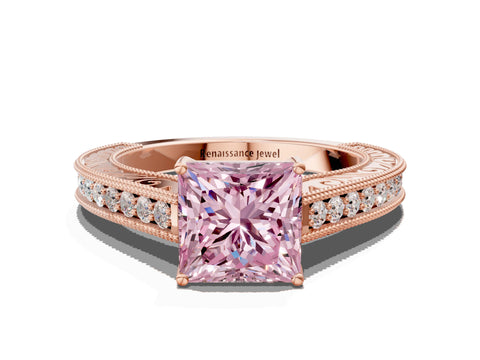 Rose gold Fancy Pink Princess Cut Cut Pave Band Milgrain Solitaire Ring