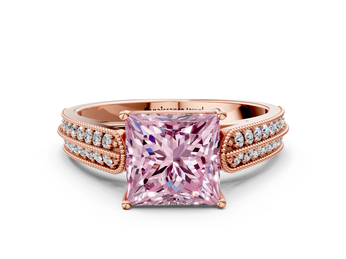 Rose gold Fancy Pink Princess Cut Cut Pave Split Shank Engagement Ring with Four-Prong Setting
