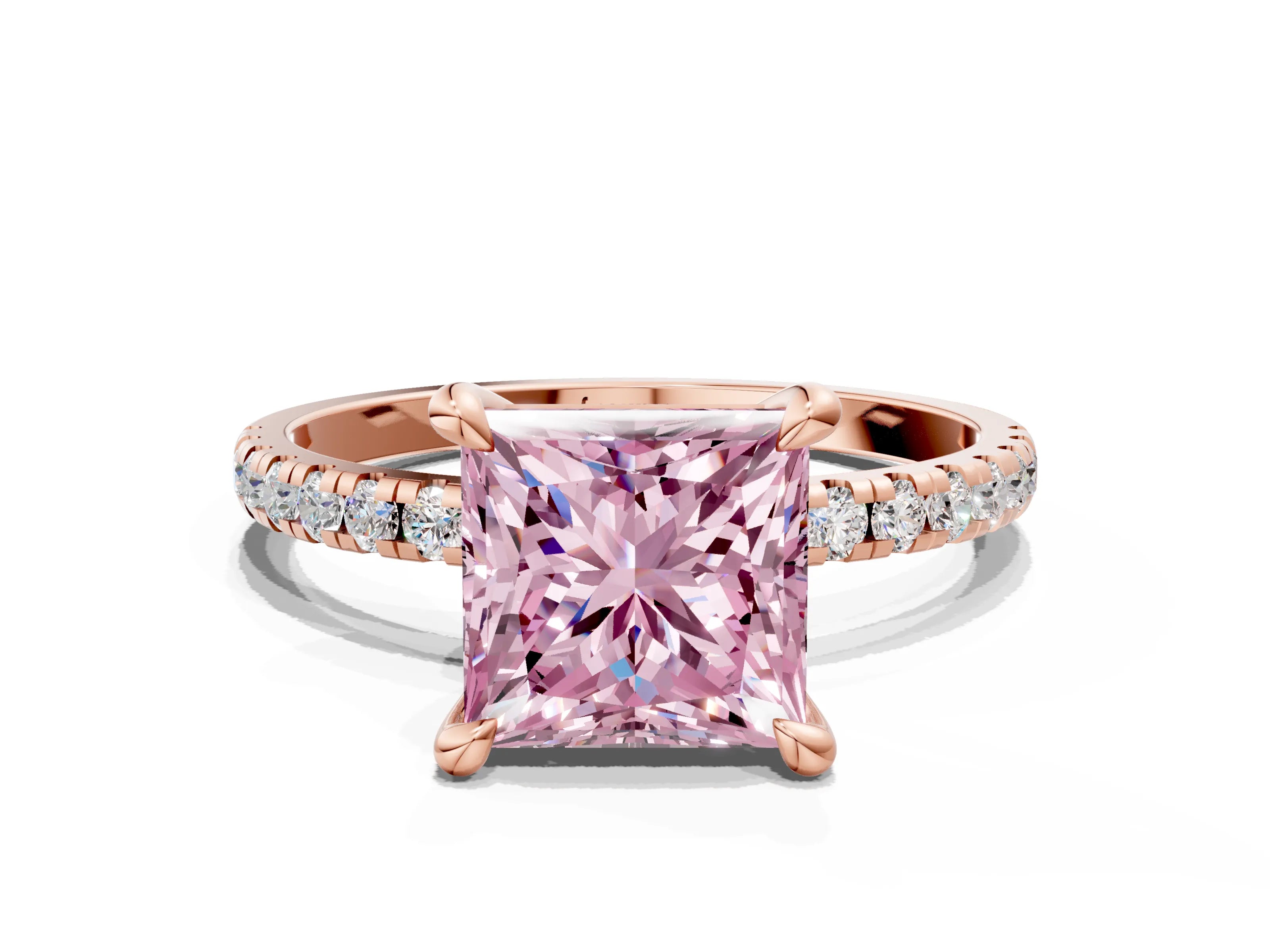 Rose gold Fancy Pink Princess Cut Diamond Brilliant Solitaire Ring with Pavé Band and Four-Prong Setting
