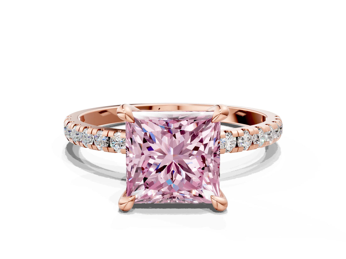 Rose gold Fancy Pink Princess Cut Diamond Brilliant Solitaire Ring with Pavé Band and Four-Prong Setting