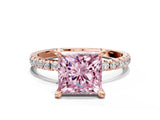 Rose gold Fancy Pink Princess Cut Diamond Brilliant Solitaire Ring with Pavé Band and Four-Prong Setting