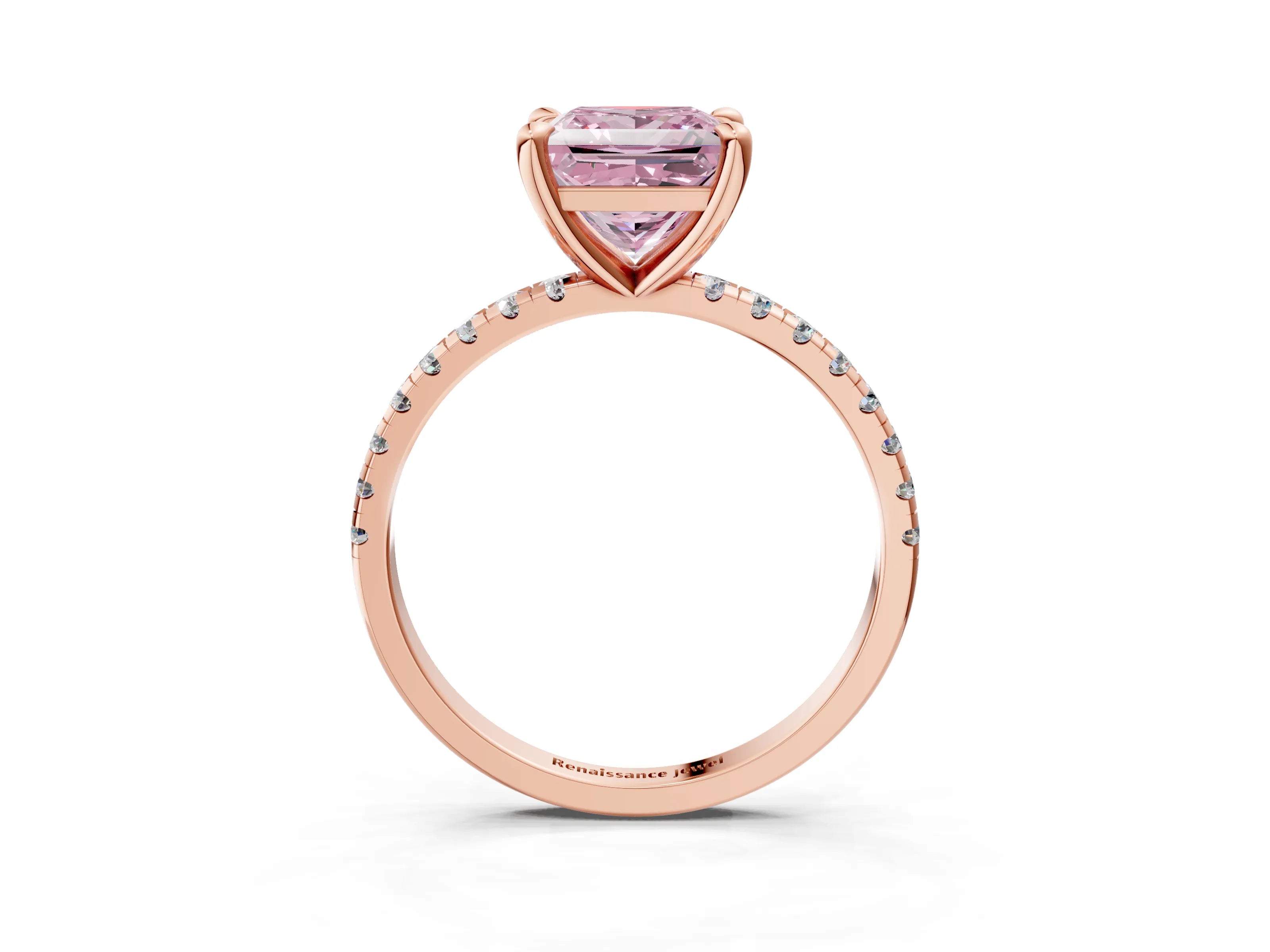 Rose gold Fancy Pink Princess Cut Diamond Brilliant Solitaire Ring with Pavé Band and Four-Prong Setting_3