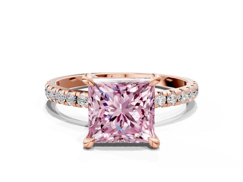 Rose gold Fancy Pink Princess Cut Diamond Brilliant Solitaire Ring with Pavé Band and Four-Prong Setting