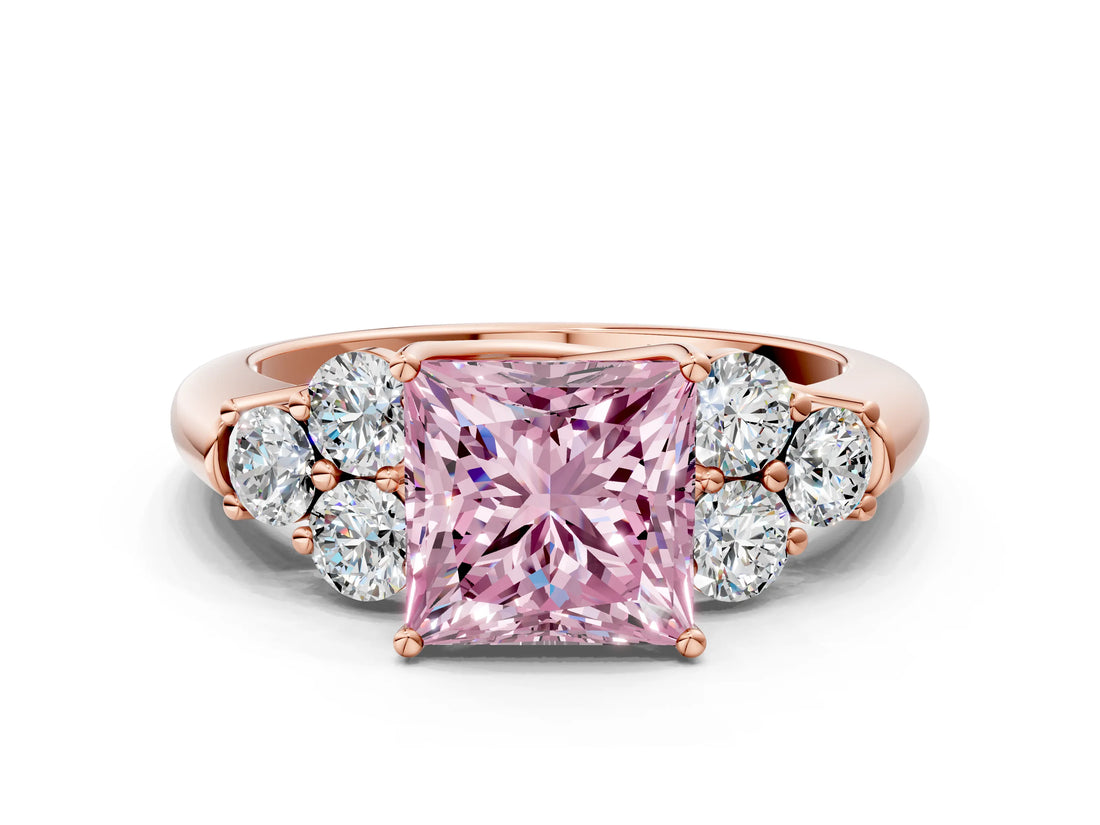 Rose gold Fancy Pink Princess  Cut Diamond Cluster Ring with Round Accent Stones and Prong Setting on a Classic Band_29