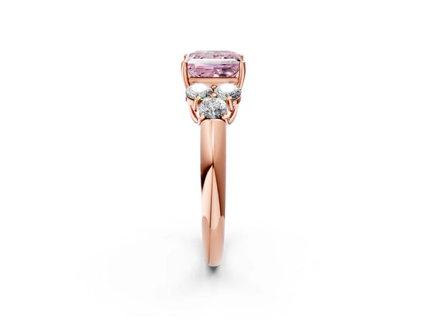 Rose gold Fancy Pink Princess  Cut Diamond Cluster Ring with Round Accent Stones and Prong Setting on a Classic Band